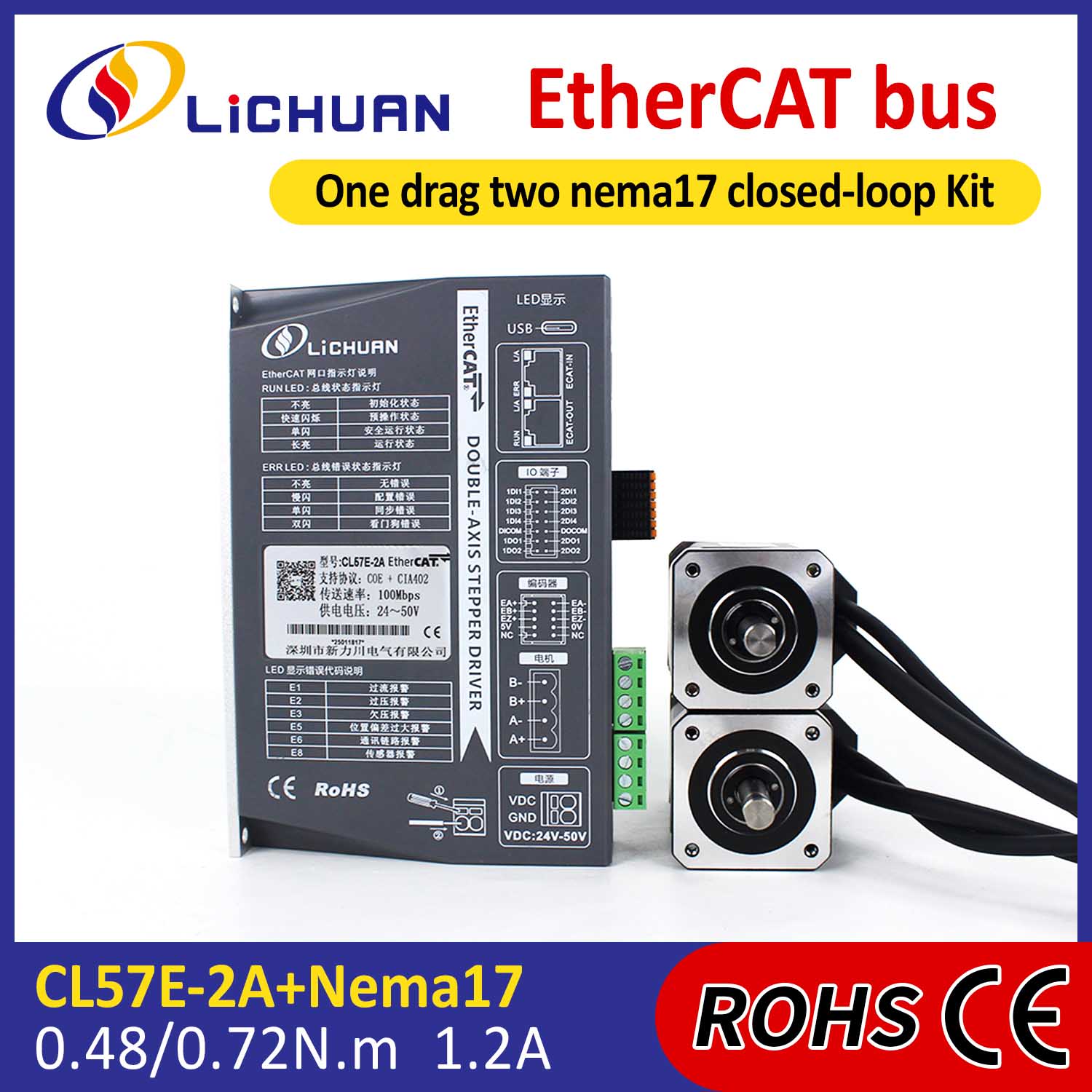 EtherCAT 2Phase Nema17 2-Axis DC مجموعة أدوات تشغيل محرك متدرج ذو حلقة مغلقة