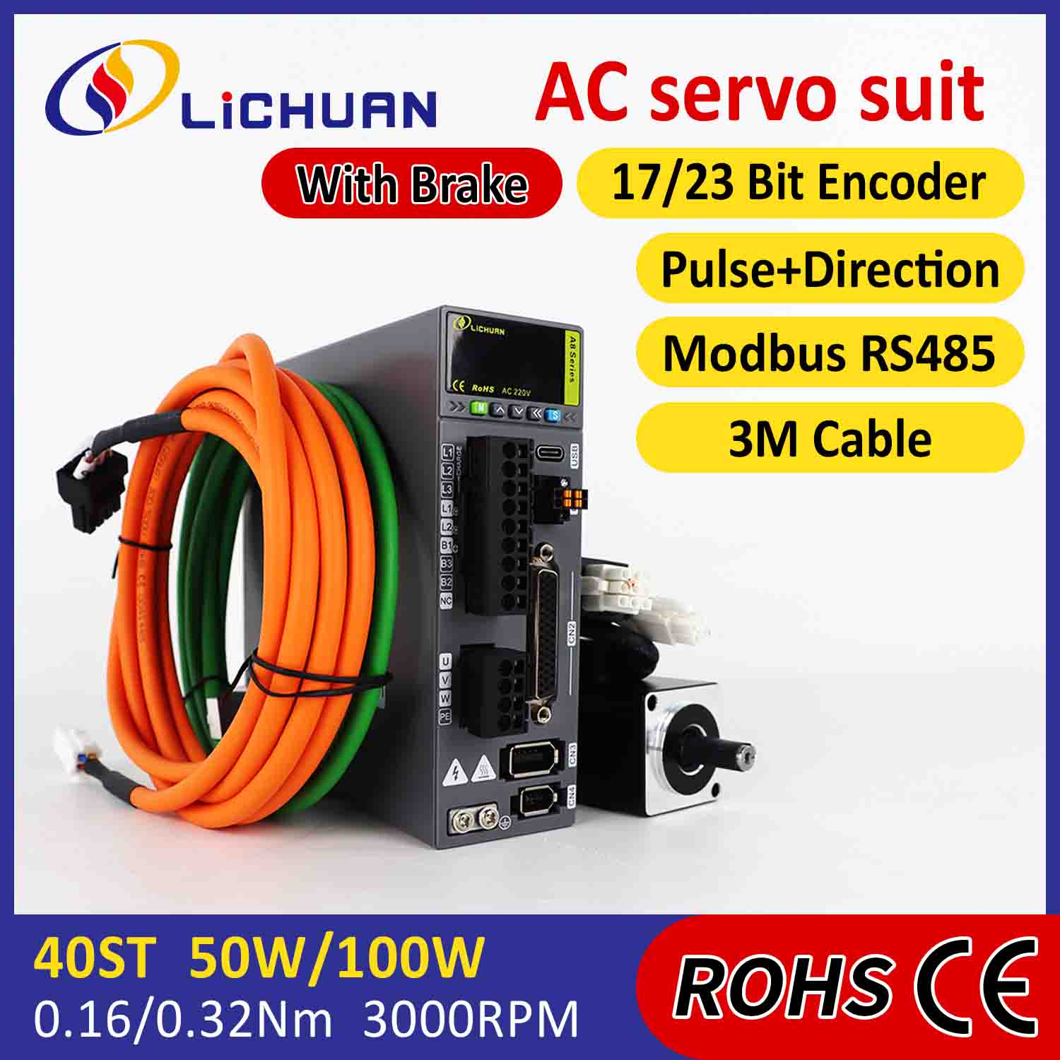 Lichuan AC Servo Motor Drivers Kit A8 عالية الدقة STO ABZ 100W 0.32N.m 220V 1.1A 3000RPM IP65