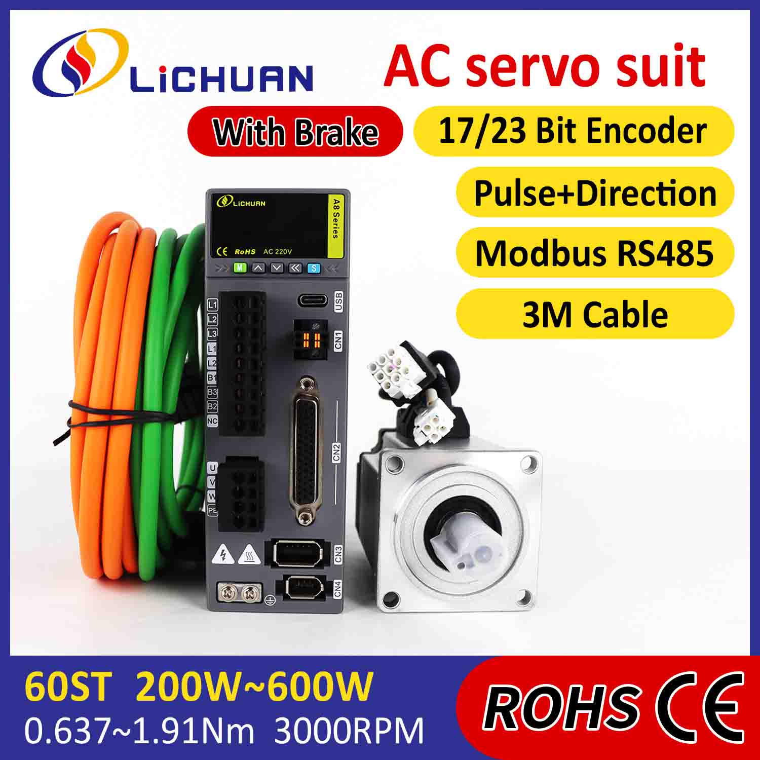 Lichuan AC Servo Motor Drivers Kit A8 عالية الدقة STO ABZ 200W 0.637N.m 220V 1.6A 3000RPM IP65