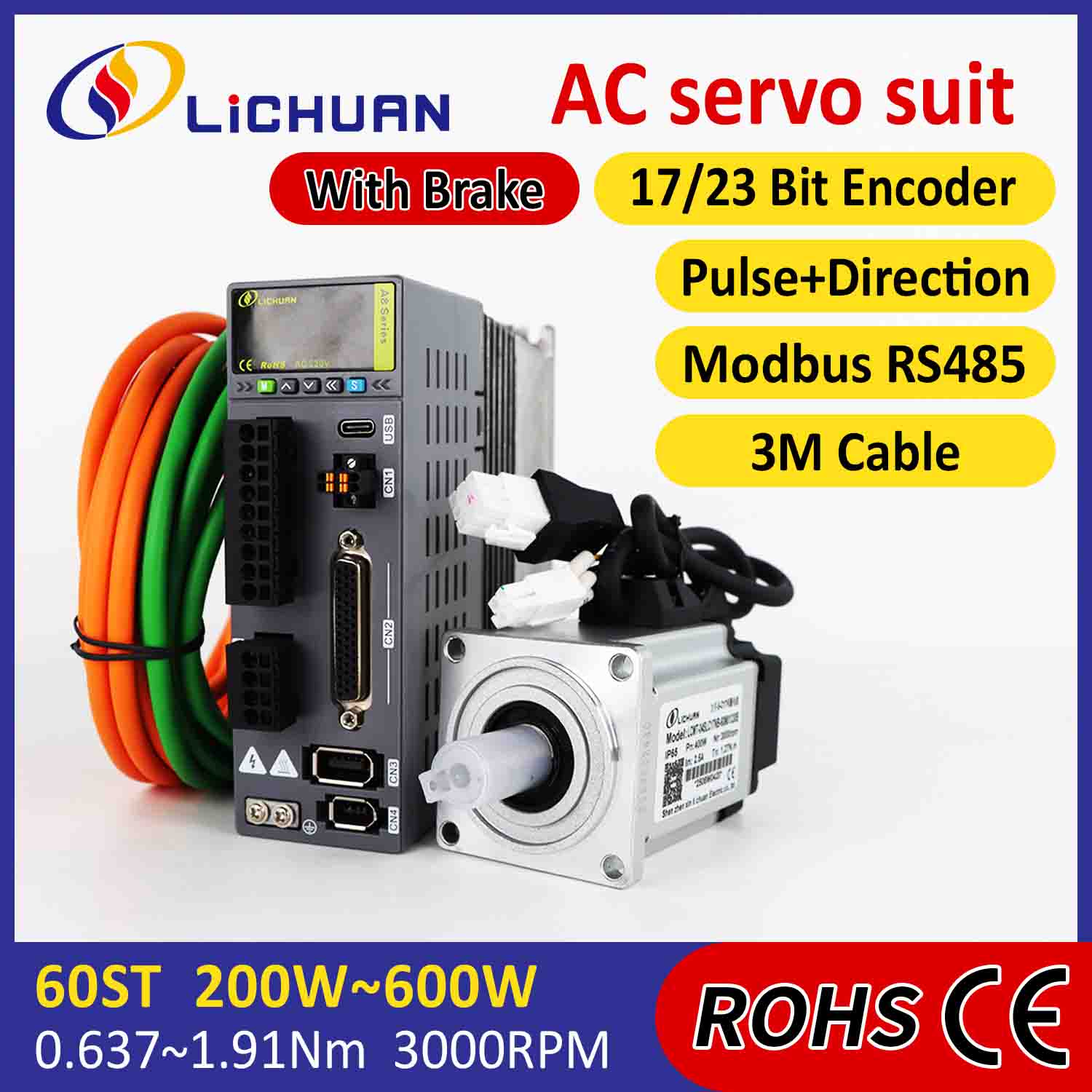 Lichuan AC Servo Motor Drivers Kit A8 عالية الدقة STO ABZ 400W 1.27N.m 220V 2.5A 3000RPM IP65