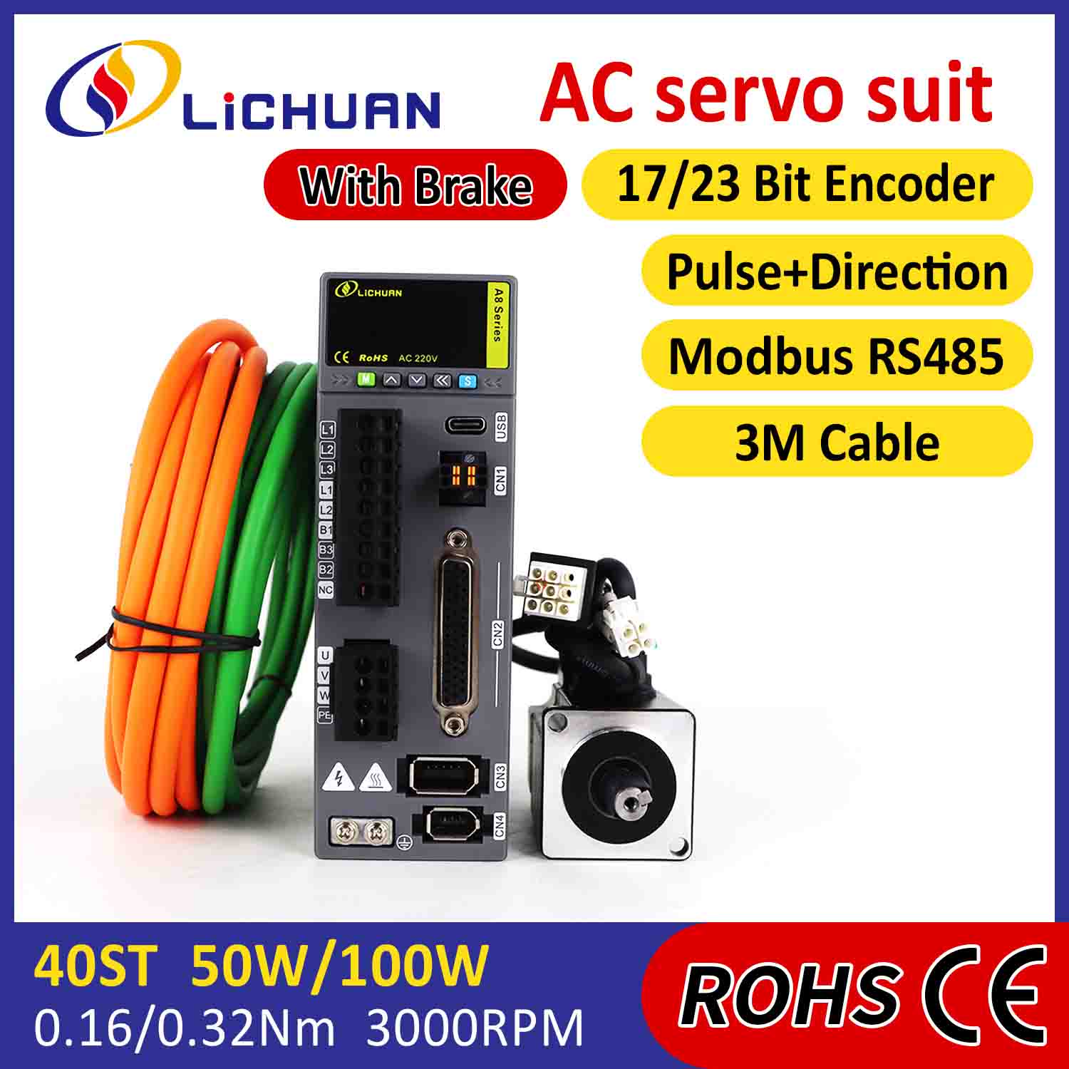 Lichuan AC Servo Motor Drivers Kit A8 عالية الدقة STO ABZ 50W 0.16N.m 220V 0.8A 3000RPM IP65