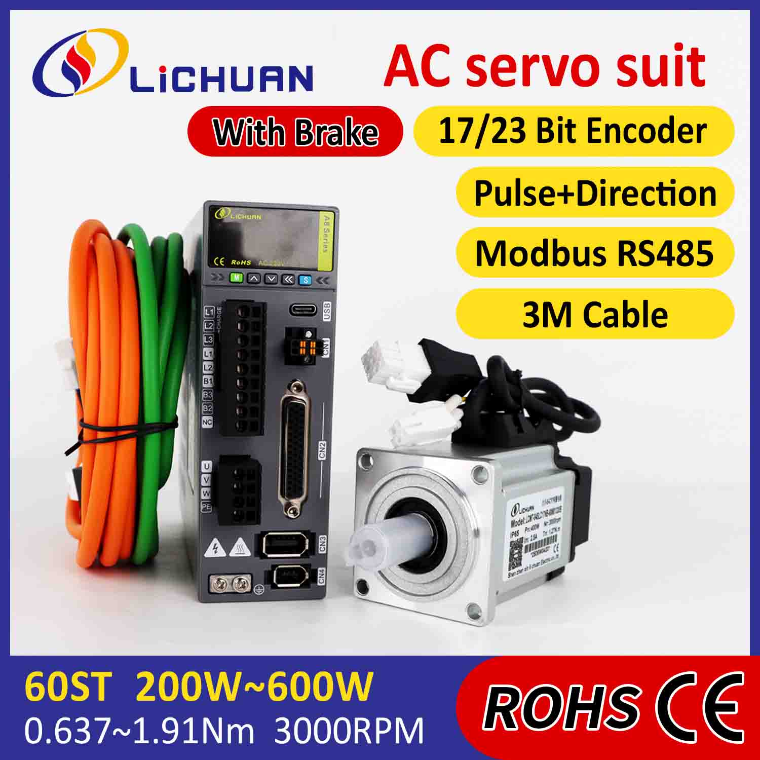 Lichuan AC Servo Motor Drivers Kit A8 عالية الدقة STO ABZ 600W 1.91N.m 220V 3.3A 3000RPM IP65