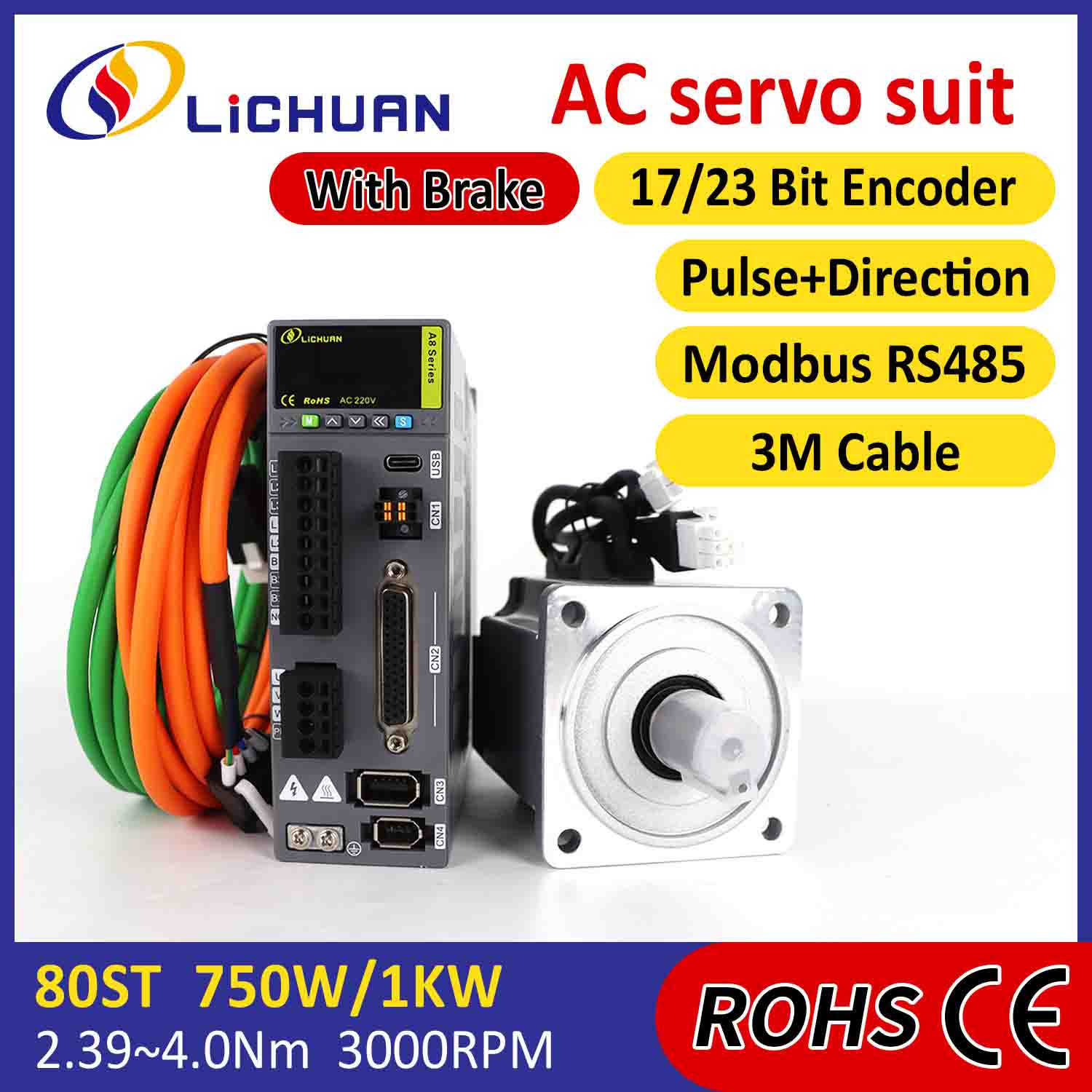 Lichuan AC Servo Motor Drivers Kit A8 عالية الدقة STO ABZ 750W 0.75KW 2.39N.m 220V 4.5A 2500/3000RPM IP65