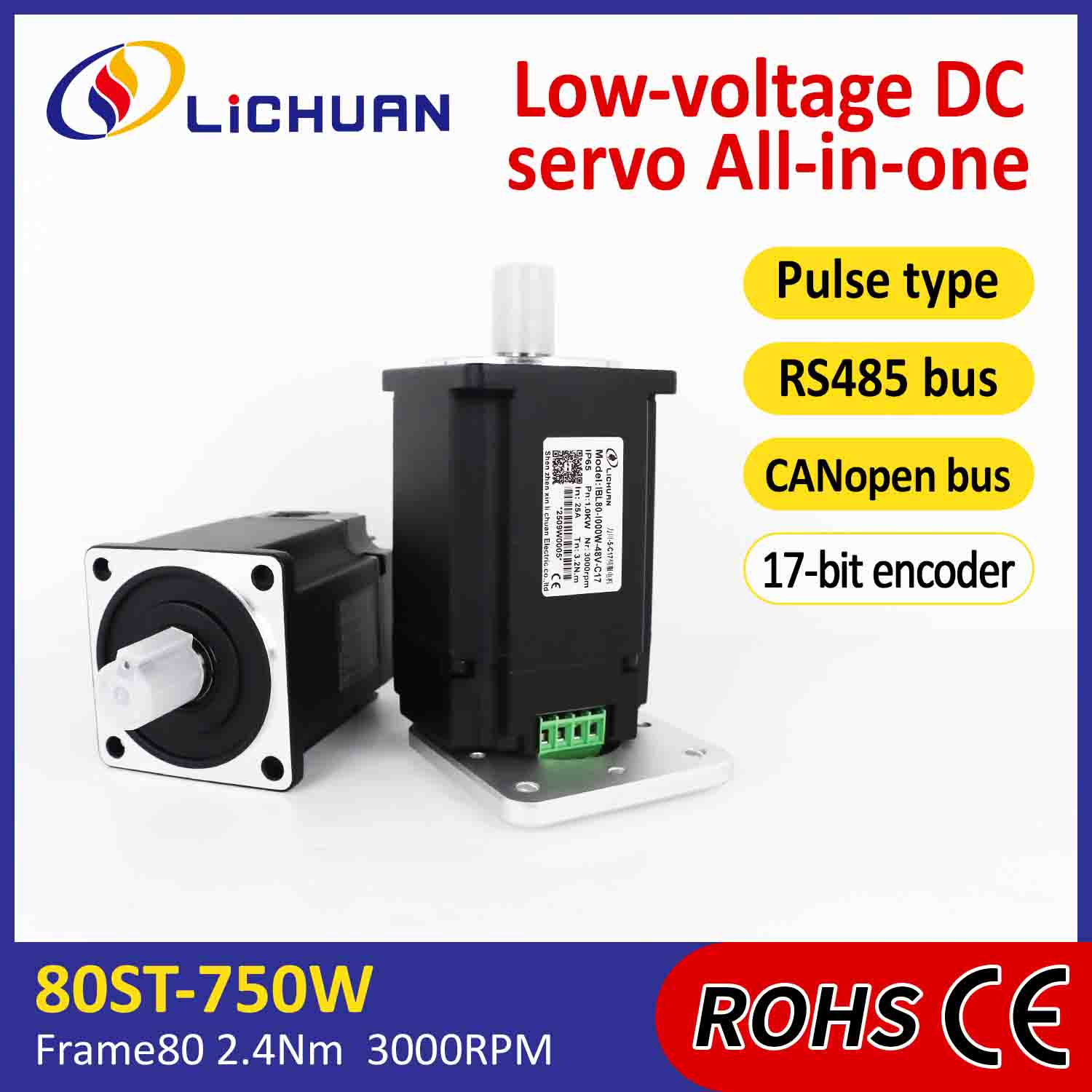 Lichuan محرك مؤازر متكامل نبض السائق / RS485 / CANopen Control 1000W 3.2N.m DC48V 20 / 25A 3000RPM IP65