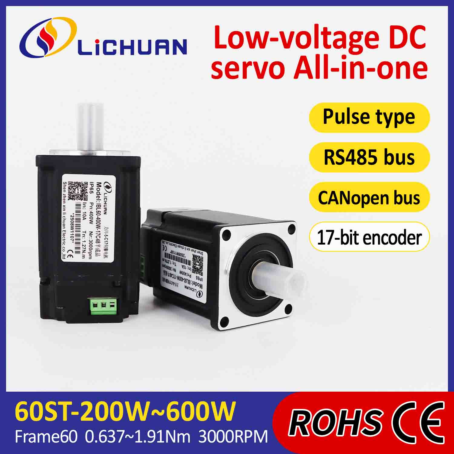 Lichuan محركات مؤازرة متكاملة سائق نبض / RS485 / CANopen Control 600W 1.91N.m DC24 / 48V 6/10/12 / 15A 3000RPM IP65
