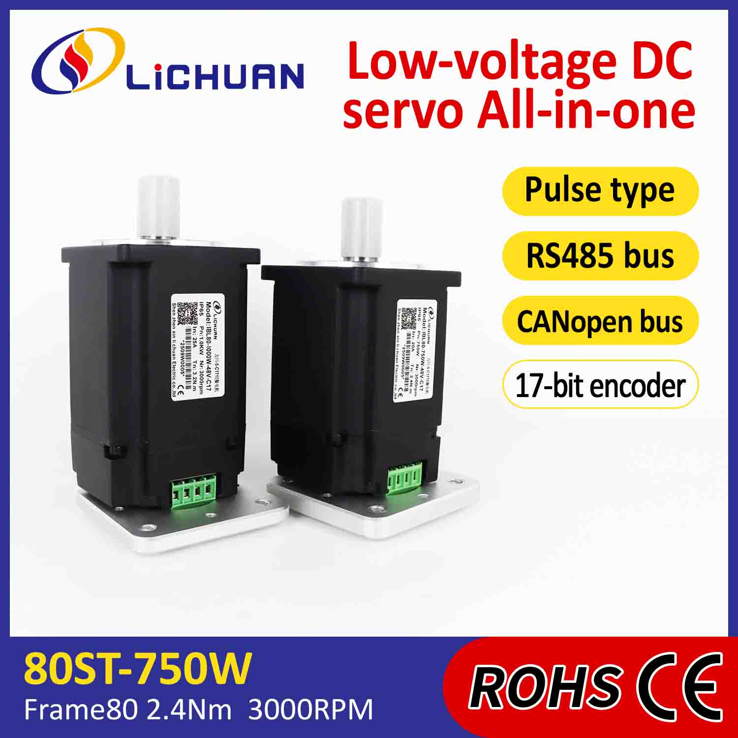 Lichuan محرك مؤازر متكامل نبض السائق / RS485 / CANopen Control 750W 2.4N.m DC48V 20 / 25A 3000RPM IP65